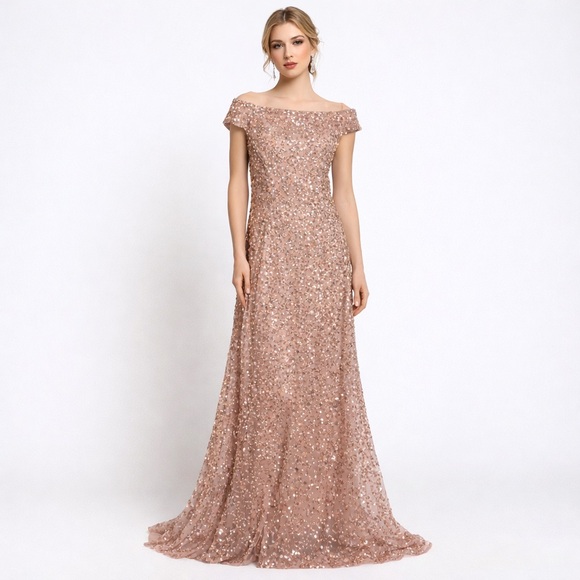 Adrianna Papell Rose Gold Sequin Off Shoulder Gown Formal Prom Dress Size 4 Gala